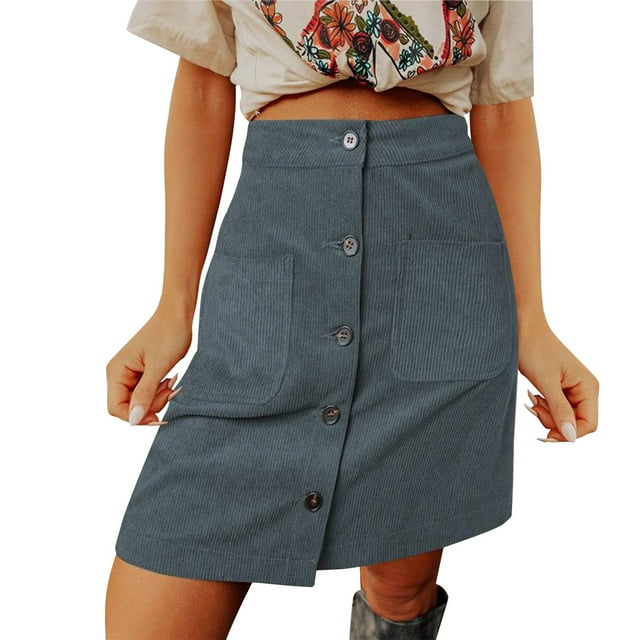 WTXUE Skirts for Women, Women's Corduroy Skirts Fall Winter High Waist Button Down A-Line Short Mini Skirt with Pockets (Grey M)