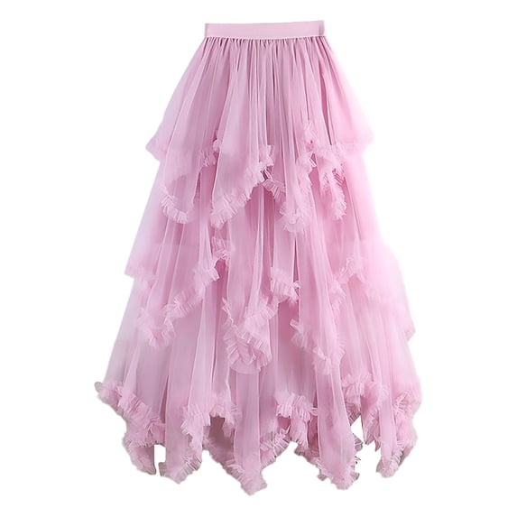 WTXUE Skirts for Women, Women's Tulle Skirt Ruffle Multilayer Mesh A-Line Tier Ballet Prom Wedding Long Tulle Skirts, Pink