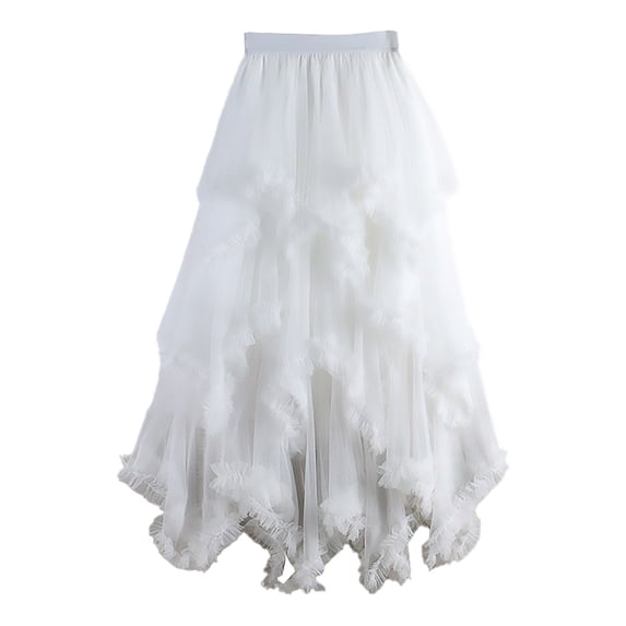 WTXUE Skirts for Women, Women's Tulle Skirt Ruffle Multilayer Mesh A-Line Tier Ballet Prom Wedding Long Tulle Skirts, White