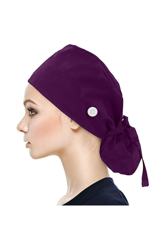 Skull Cap Beanie Scrub Cap with Buttons Bouffant Hat with Sweatband for Womens And Mens Work Hat Surgical Cap Scrub Hat Purple One Size