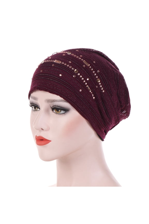Skull Cap Beanie Women Rhinestone India Hat Muslim Ruffle Cancer Chemo Beanie Turban Wrap Cap Head Scarf Turban Headbands Comfort Hat Wine One Size
