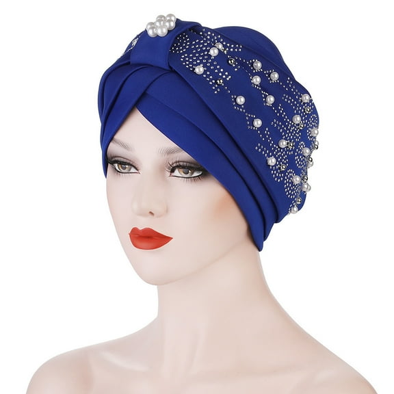 WTXUE Skull Cap Beanie Womens Fashion Solid Color Hot Diamond Pearl Headband Womens Elastic Headband Cap Headband Cap Head Scarf Turban Headbands Fitted Hats Blue One Size