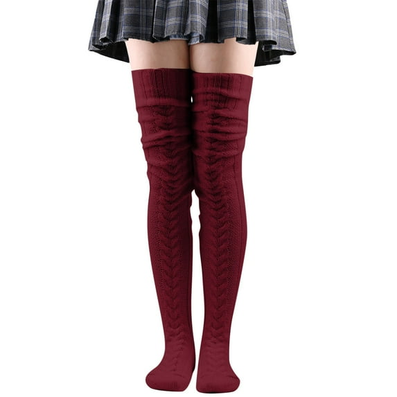 WTXUE Socks for Women, Thigh High Socks, Knit Leg Stocking Thigh Long Warmers Knee Cable Women Boot Socks Over Extra Socks, Black Stockings for Women, 1# Winered
