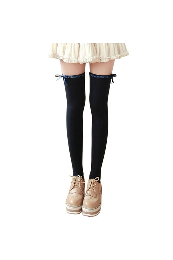 Socks for Women, Thigh High Socks, Wavy Lace Ribbon Bow Stockings Cotton Bottoming Socks Women, Knee High Socks, Navy