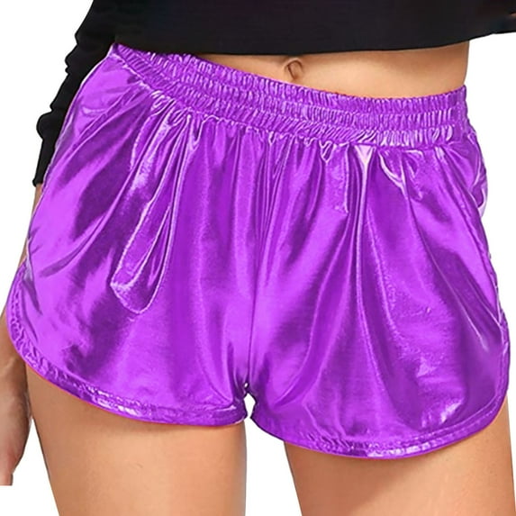 WTXUE Soffe Shorts for Women, Casual Women's Soft Stretchy High Waisted Solid Color Pocket Shiny Leather Shorts Women Quick Drying Solid Pants, Short, Purple