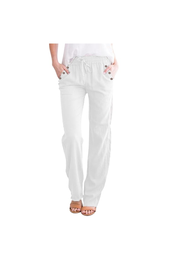 Solid Color Cotton Flax Elastic Long Pants Beach Leisure Trousers Loose Pants for Women 10-12