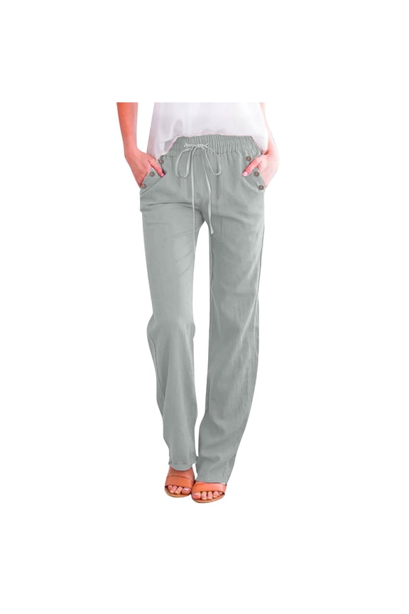 Solid Color Cotton Flax Elastic Long Pants Beach Leisure Trousers Loose Pants for Women 10-12