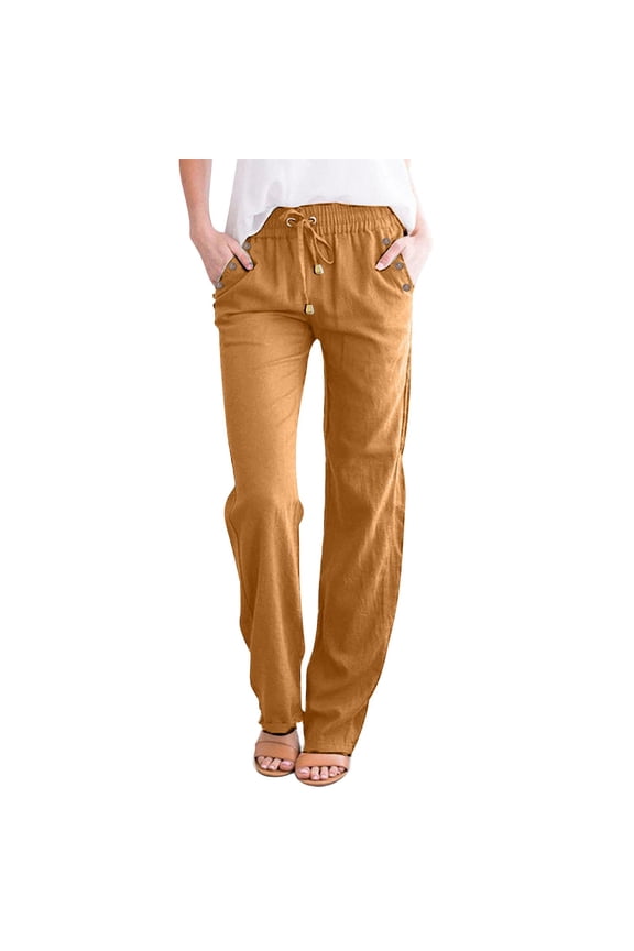 Solid Color Cotton Flax Elastic Long Pants Beach Leisure Trousers Loose Pants for Women 14-16
