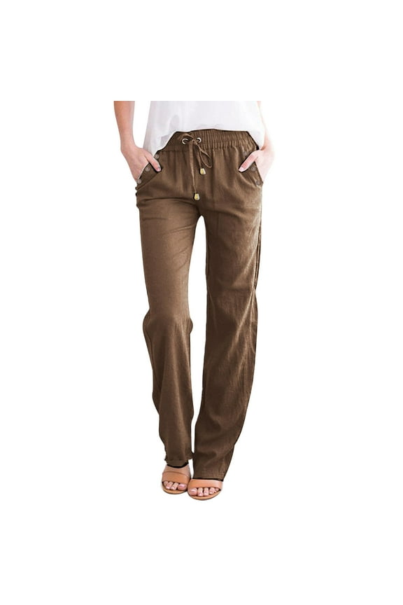 Solid Color Cotton Flax Elastic Long Pants Beach Leisure Trousers Loose Pants for Women 6-8