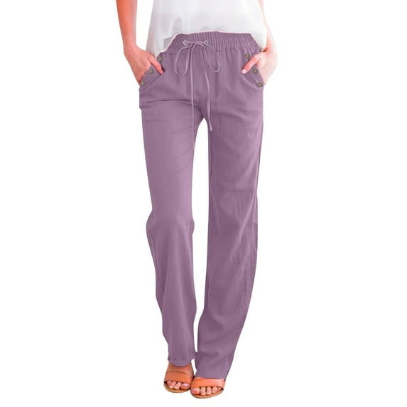WTXUE Solid Color Cotton Flax Elastic Long Pants Beach Leisure Trousers Loose Pants for Women 8-10