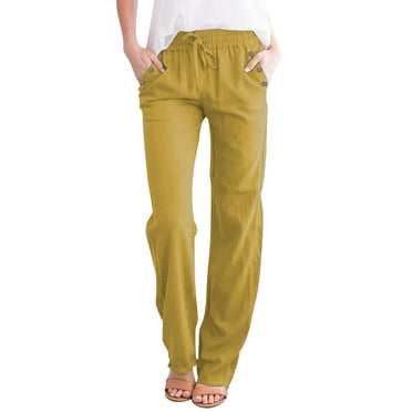 WTXUE Solid Color Cotton Flax Elastic Long Pants Beach Leisure Trousers Loose Pants for Women 8-10