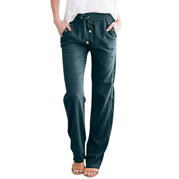 WTXUE Solid Color Cotton Flax Elastic Long Pants Beach Leisure Trousers Loose Pants for Women 8-10