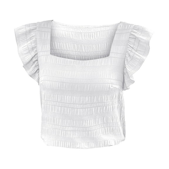 WTXUE Square Neck Tops Tunic Tops Solid Color Blouses Flowy Shirts Flying Short Sleeves Top Basic Tees Plain Tops Modest Blouses Peasant Blouses White Xxl