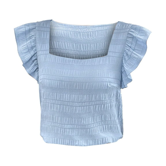 WTXUE Square Neck Tops Tunic Tops Solid Color Blouses Flowy Shirts Flying Short Sleeves Top Basic Tees Womens Summer Tops Fitted Blouses Basic Tees for Women Light Blue S