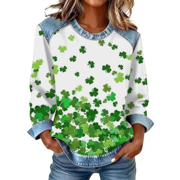 WTXUE St Patrick’S Day Shirt Denim Patchwork Long Sleeve Crewneck Sweatshirts Basic Shirts Tunic Blouses Shamrock Shirts Loose Lightweight Shirts Funny Shirts Saint Shirts Shirt Purple 3Xl
