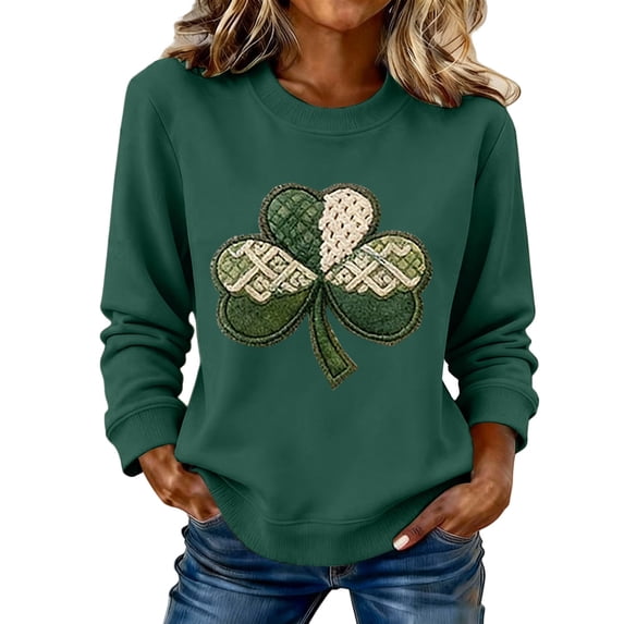 WTXUE St. Patrick's Day Sweatshirt Crewneck Pullover Tops Casual Sweatshirt Irish Outfit St. Patricks Day Sweatshirt Irish Shamrock Three Leaf Clover Tops Trendy Sweatshirt Clover Blackish Green L