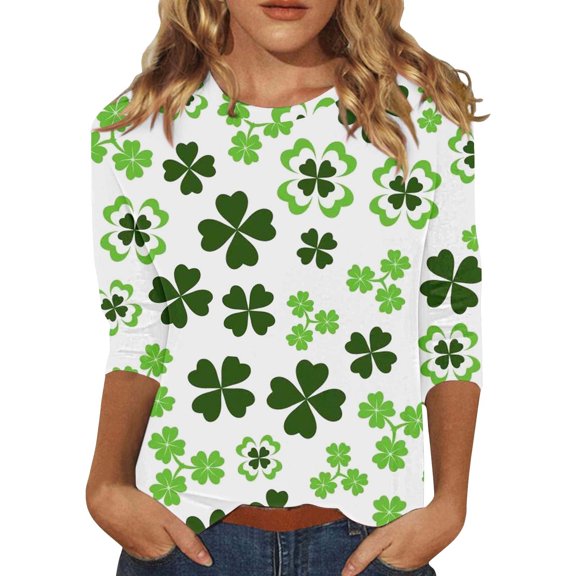 WTXUE St.Patricks Day Shirts 3/4 Sleeve Shirts Crewneck Tops Breathable Work Tops Leaf Clover Shirt Dressy Casual Shirts Leaf Clover Shirt Shirt Funny Shirts Dark Blue 4Xl