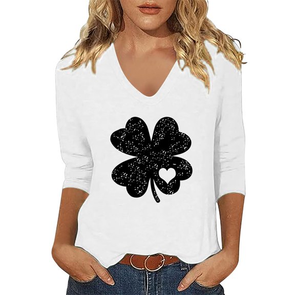 WTXUE St. Patricks Day Shirts for Women 3/4 Sleeve Shirts V Neck Tops Plus Size Shirts Fitted Tops Fitted Blouses Fitted Tops Irish Paddy's Day Loose Fit Tee Shirts Fashion Blouses White Xxl
