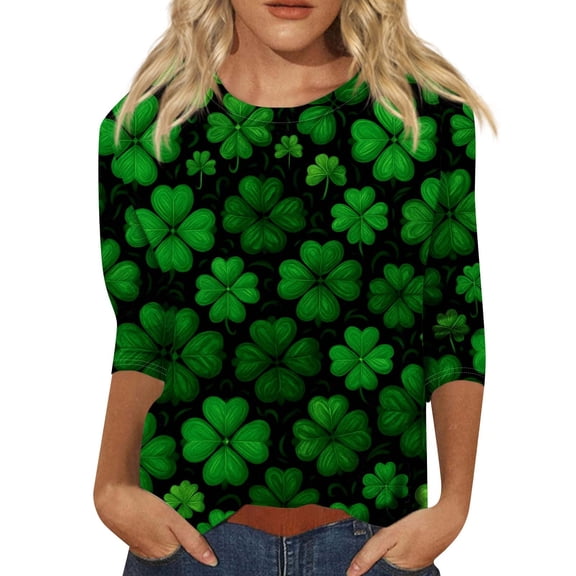 WTXUE St Patricks Day Top 3/4 Sleeve Shirts Crewneck Tops Lightweight Shirts Work Tops Loose Fit Summer Tops Shamrock Shirt Irish Long Sleeve Soft T Shirts Funny Shirts Bronze L