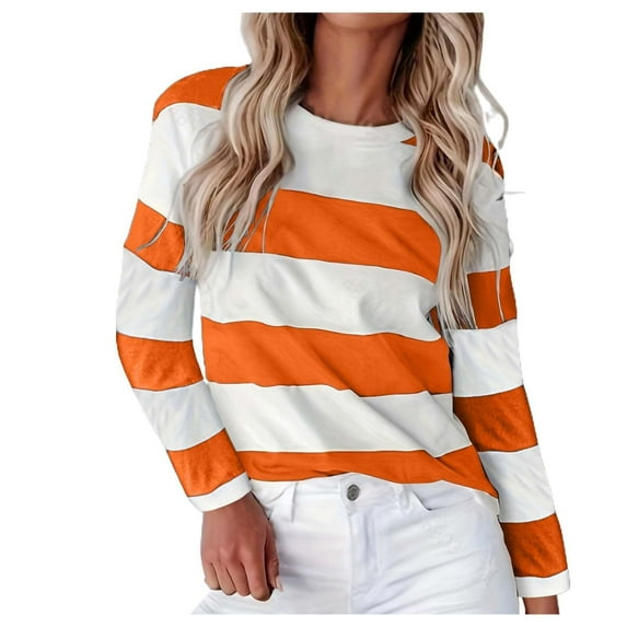 WTXUE Striped Shirt Long Sleeve Shirts For Women Womens T Shirts Long Sleeve Crew Neck Shirts Basic Tee Sort Comfy Printed Tops Blouse, Orange Medium