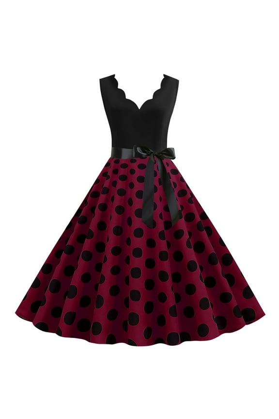 Sundresses for Women, Casual Dot Women Sleeveless Evening Dress Retro Prom Party Summer Print Women's Dress, Red Dresses for Women, Dark Red L