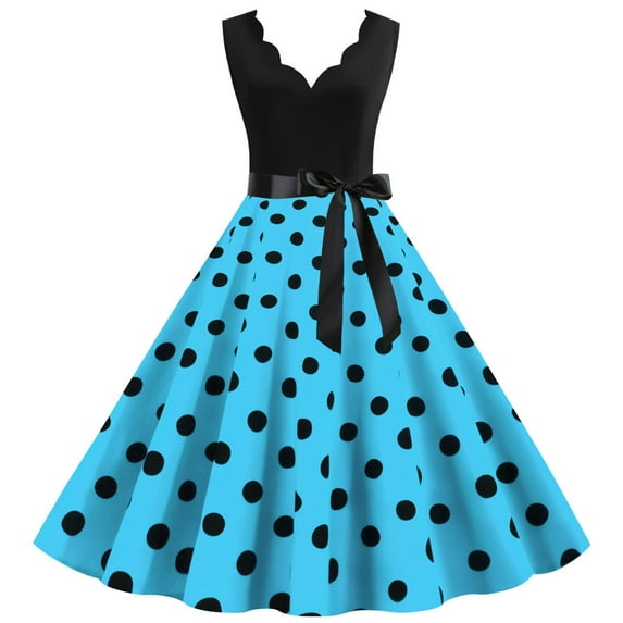 WTXUE Sundresses for Women, Women Retro Summer Dot Print Sleeveless Casual Evening Party Prom Dress, Blue Dress Women, Blue L