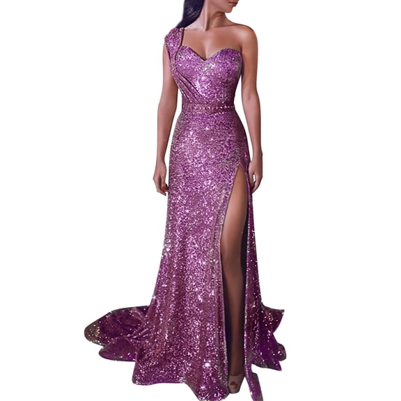 WTXUE Sundresses for Women, Women Sequin Prom Party Gown Gold Evening Bridesmaid V-Neck Long Dress, Petite Dresses for Women, Purple Dress (Purple S)