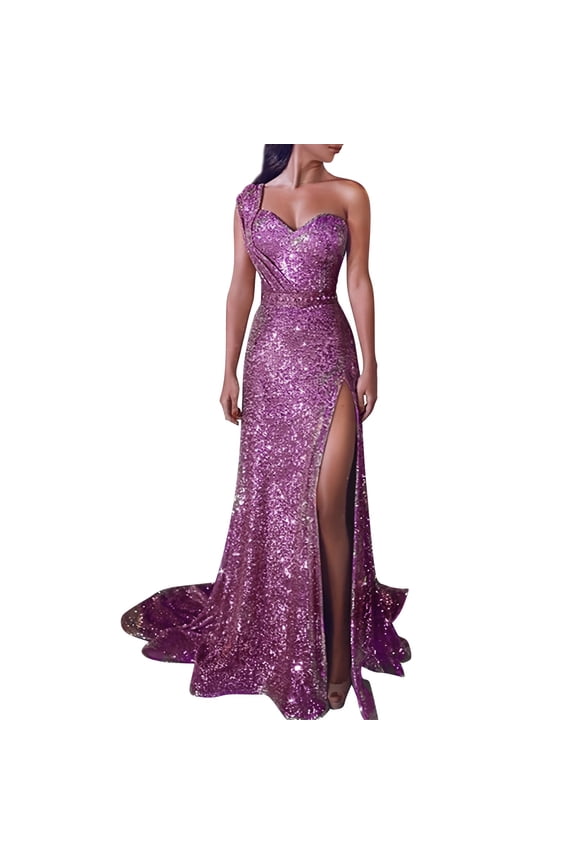 Sundresses for Women, Women Sequin Prom Party Gown Gold Evening Bridesmaid V-Neck Long Dress, Purple Dress, Purple M