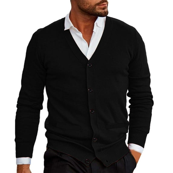 WTXUE Sweaters Long Sleeve, V-Neck Cardigan for Men Mens Button Solid V Neck Slim Warm Sweater Coat Knit Tops Solid | Officewear for Men Black XL