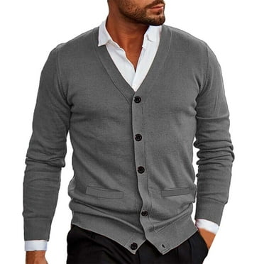 WTXUE Sweaters Long Sleeve, V-Neck Cardigan for Men Mens Button Solid V Neck Slim Warm Sweater Coat Knit Tops Solid | Officewear for Men Dark Gray L