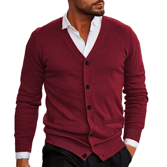 WTXUE Sweaters Long Sleeve, V-Neck Cardigan for Men Mens Button Solid V Neck Slim Warm Sweater Coat Knit Tops Solid | Officewear for Men Red S