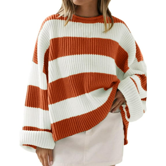 WTXUE Sweaters Womens Sweaters Clearance Women's Crew Neck Long Sleeved Striped Sweater With Flared Sleeves, Orange Medium