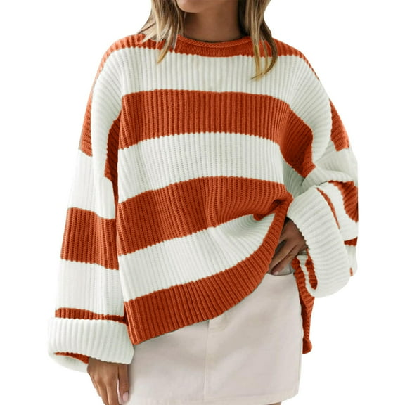 WTXUE Sweaters Womens Sweaters Clearance Women's Crew Neck Long Sleeved Striped Sweater With Flared Sleeves, Orange Small
