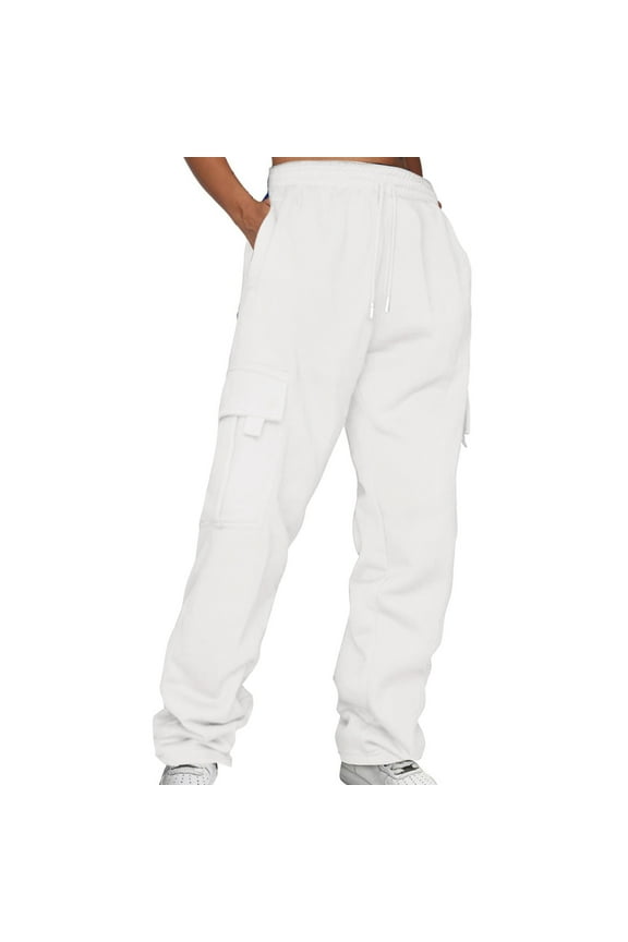 Sweatpants, Womens Trousers Ladies' Solid Drawstring Elastic Waist Pocket Pants Slacks, Pantalones De Mujer, 2-White