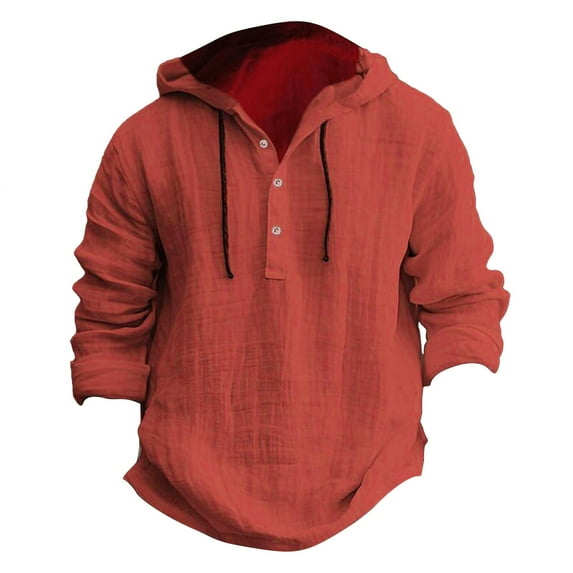 WTXUE Sweatshirts & Hoodies Long Sleeve, Hooded Shirts for Men Hooded Spring Autumn Cotton Linen Shirt Linen Shirts Solid | Casual for Men Red L