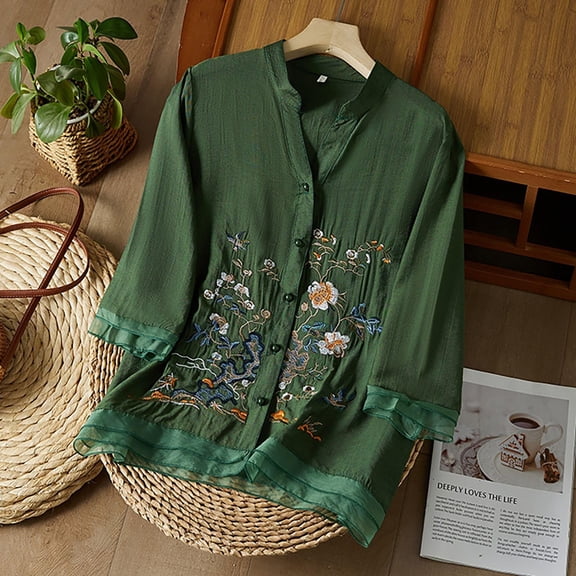 WTXUE T-Shirt Button Down Blouses Cotton Linen Embroidered Shirt Tops 3/4 Sleeeve Tunic Top V Neck Blouses Lightweight Summer Tops Women Blouses Basic Tops Soft Tshirts Peasant Blouses Green L