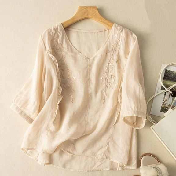 WTXUE T Shirts 3/4 Length Sleeve Womens Tops Linen Shirts Lace Embroidery Tunic Blouse Summer Lightweight Loose Chiffon Tops Chiffon Blouses T Shirts for Women Loose Fit Womens Tops Casual Beige Xl