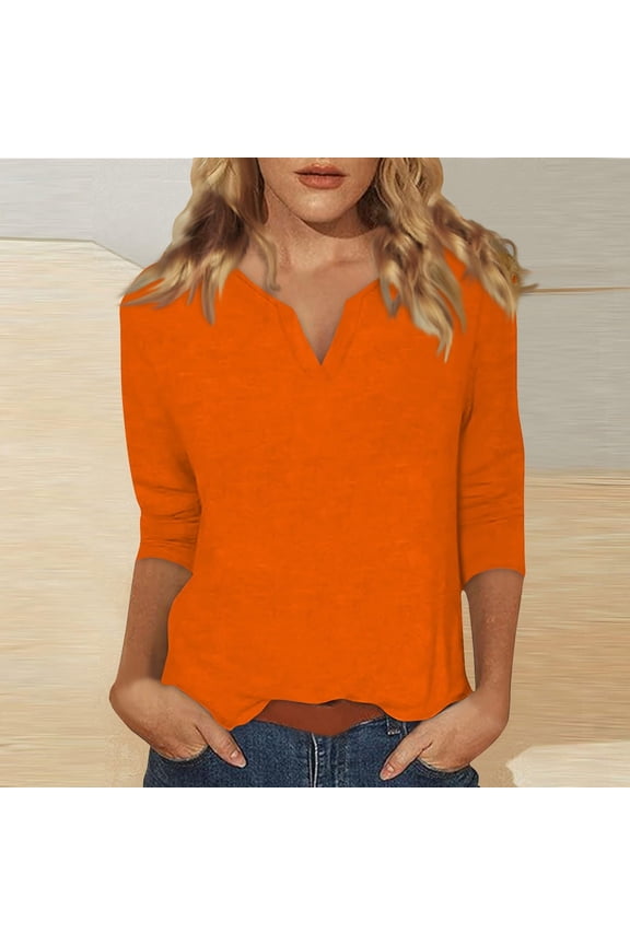 T Shirts 3/4 Length Sleeve Womens Tops Tops for Women Summer Notched V Neck Plain T Shirts Casual Cute Three Quarter Length Blouses V Neck T Shirts Tunic Tops Basic Tees for Women Orange Xl
