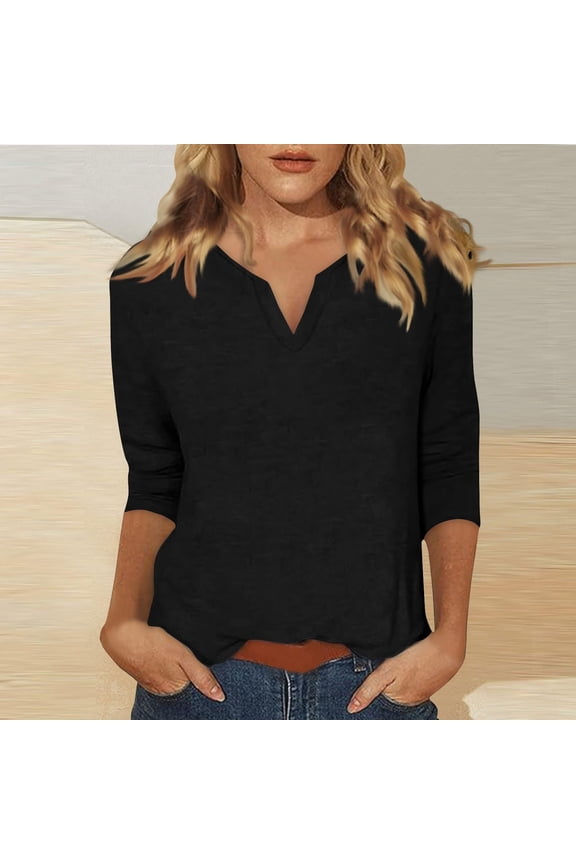 T Shirts 3/4 Length Sleeve Womens Tops Tops for Women Summer Notched V Neck Plain T Shirts Casual Cute Three Quarter Length Blouses V Neck T Shirts Tunic Tops Basic Tees for Women Black Xl
