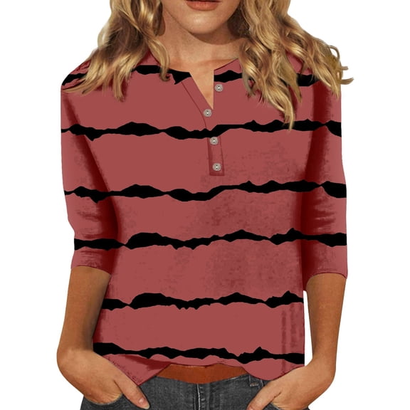WTXUE T-Shirts 3/4 Sleeve, Crew Neck Shirts for Women's Button up 3/4 Length Sleeve T Shirt Top Striped Casual Tops for Women Watermelon Red/Striped XXL