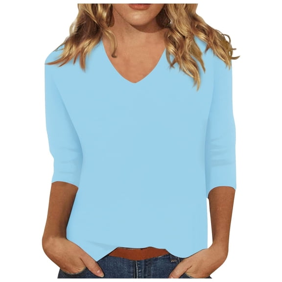 WTXUE T-Shirts 3/4 Sleeve, Crew Neck Shirts for WomenSummer Solid Plain Travel Cute V Neck Slim Tshirts Shirts Solid | Casual for Women Light Blue XXL