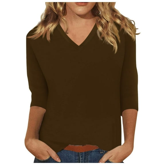 WTXUE T-Shirts 3/4 Sleeve, Crew Neck Shirts for WomenSummer Solid Plain Travel Cute V Neck Slim Tshirts Shirts Spring Blouse Solid | Casual for Women Brown L