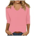 thumbnail image 1 of WTXUE T-Shirts 3/4 Sleeve, Crew Neck Shirts for WomenSummer Solid Plain Travel Cute V Neck Slim Tshirts Shirts Spring Blouse Solid | Casual for Women Pink 4XL, 1 of 4