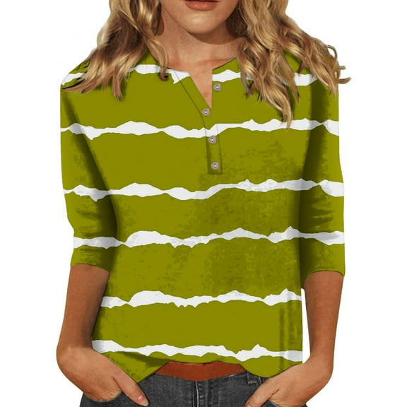 WTXUE T-Shirts 3/4 Sleeve, Crew Neck Shirts for Women's Button up 3/4 Length Sleeve T Shirt Top Striped Casual Tops for Women Green/Striped S
