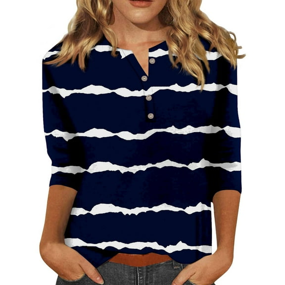 WTXUE T-Shirts 3/4 Sleeve, Crew Neck Shirts for Women's Button up 3/4 Length Sleeve T Shirt Top Striped | Casual for Women Dark Blue/Striped XXL