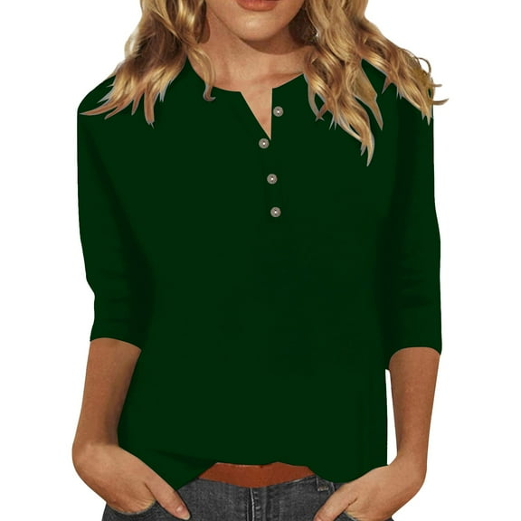 WTXUE T-Shirts 3/4 Sleeve, Crew Neck Shirts for Women's Button up T Shirt Top Solid Casual Tops for Women Green XXL