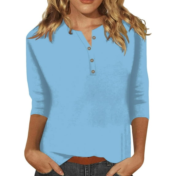 WTXUE T-Shirts 3/4 Sleeve, Crew Neck Shirts for Women's Button up T Shirt Top Solid | Casual for Women Sky Blue XL
