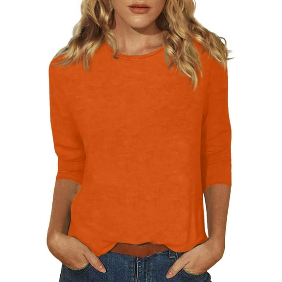 WTXUE T-Shirts 3/4 Sleeve, Crew Neck Shirts for Women's Slim T Shirt Top Cotton Solid | Casual for Women Orange XXL