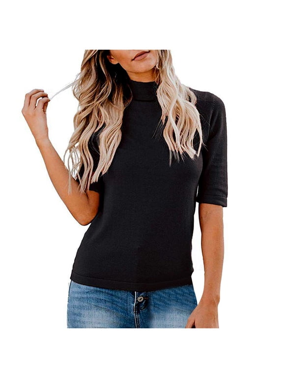 T-Shirts Elbow-Length, Mock Neck Shirts for Women Neck Tee Summer Plain Mock/Turtle T-Shirts Solid, for Curvy Women Casual Tops for Women