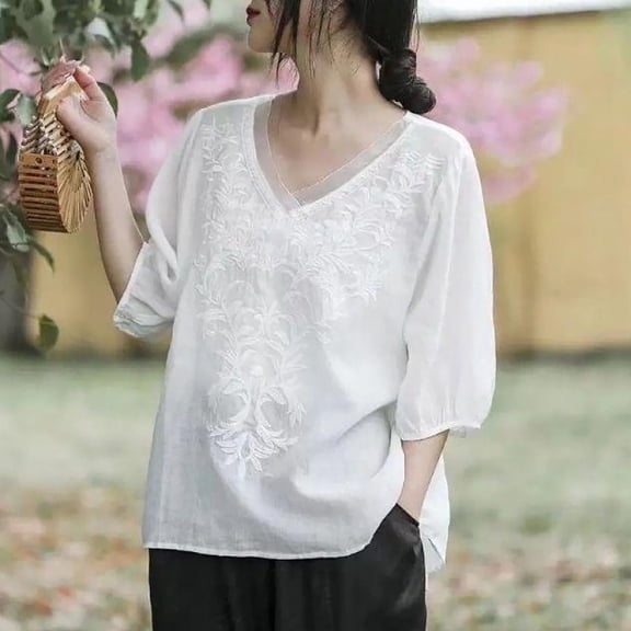 WTXUE T Shirts Linen Shirts Embroidered Top Cotton Linen Puff Short Sleeve Crewneck Boho Blouse Casual Button Down T Shirts Embroidered Tops V Neck Tops for Women Elbow Sleeve Tops Women White M